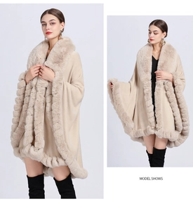 Close-up of beige faux fur collar and knit cape cardigan with elegant model pose