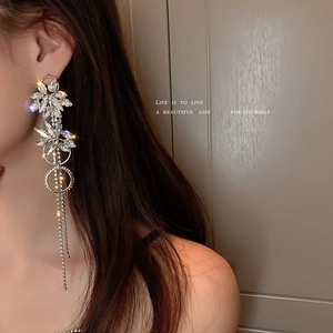 Silver flower tassel drop earrings with sparkling rhinestones worn by a model