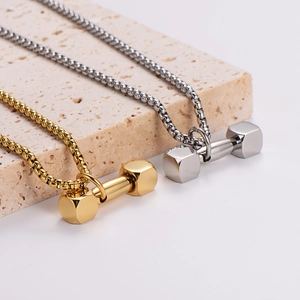 Polished stainless steel dumbbell pendant necklaces in gold and silver for fitness men