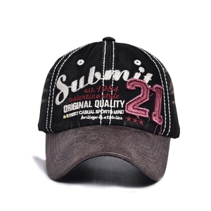 Unisex distressed washed cotton baseball cap with embroidered letters and patch
