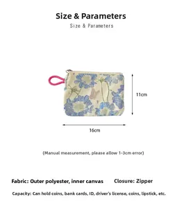 Detail view of 16cm floral cosmetic pouch showing dimensions and zipper closure