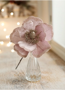 Detail of 18cm dusty pink velvet artificial flower with gold glitter and glass vase