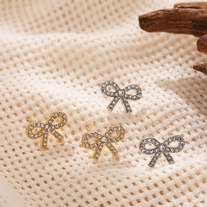 Stainless Steel Bowknot Stud Earrings For Women Elegant Rhinestone Pave Bow Knot Ear Post Jewelry Gold Silver Plated Jewelry