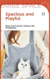 Close-up of a grey plush cat carrier apron with a large U-shaped front pocket for pets