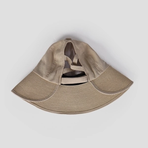 Detail of khaki wide brim sun hat showing the breathable ponytail opening and tie closure