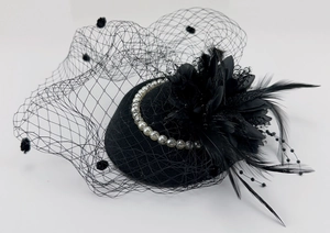 Detail of black fascinator hat featuring delicate mesh veil, feathers, and pearl beads