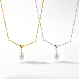French Style Knot V-Bar Necklace For Women Elegant Titanium Steel Chain Copper Water Drop Artificial Pearl Pendant Jewelry