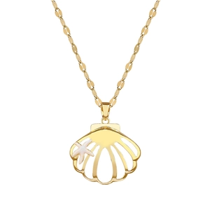 Titanium steel shell pendant necklace in gold with a white starfish detail on white background