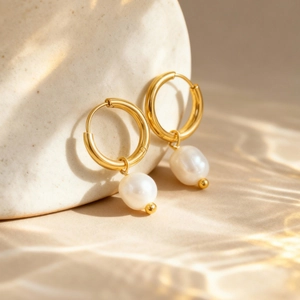 Elegant gold plated stainless steel hoop earrings with hanging white freshwater pearls