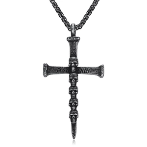 Gothic stainless steel cross pendant necklace with skull details and vintage silver finish