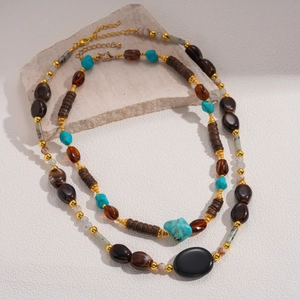 Bohemian acrylic beaded long necklace with turquoise stones and vintage tribal style