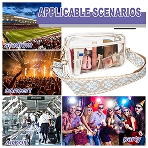 Clear PVC crossbody bag with woven strap showing makeup items for concerts and travel