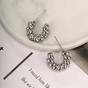 Polished silver stainless steel C-shape twisted rope earrings with spiral texture for women