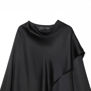 Elegant black satin cape top with a glossy finish and fluid drape for women