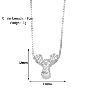 Detail showing dimensions of letter Y pendant with cubic zirconia and 47cm chain length