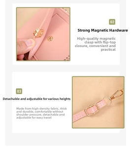 Detail of pink PU wallet showing golden magnetic clasp and adjustable fabric strap