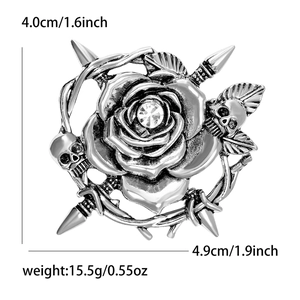 Gothic skull rose brooch in vintage silver alloy with crossed swords and zirconia