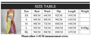 Detailed size chart for the white lace maxi dress showing bust, waist, and hip measurements