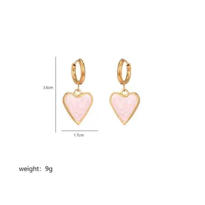 Pink heart drip oil earrings in gold titanium steel, size 3.6cm by 1.7cm and 9g weight
