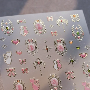 Autocollants 3D pour ongles chat rose et doré avec nœuds et motifs de cœurs