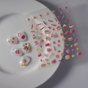 Pink 3D candy nail stickers with embossed cake and sweets designs for manicure decoration