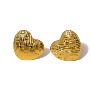Minimalist 18K gold plated stainless steel heart stud earrings with woven texture