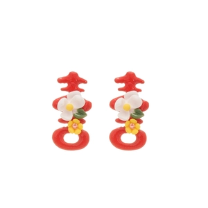 Traditional red Chinese Xi character stud earrings with small floral resin accents
