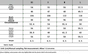 Detailed size chart for women's faux suede jacket showing chest, shoulder, and length specs