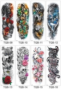 Detailed grid of waterproof full arm tattoo stickers with wolf, skull, and lion designs