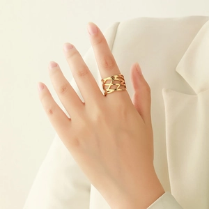 Chic 18k gold plated hollow wire wrap wide ring worn on model index finger