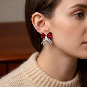 Luxury red zircon bowknot tassel earrings for women featuring elegant sparkling rhinestones