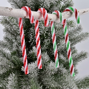 Set of four red and green spiral candy cane ornaments for Christmas tree decoration