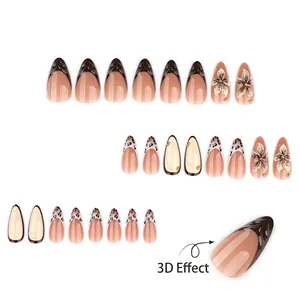 3D floral almond press-on nails with leopard print and brown French tips, 24 piece set