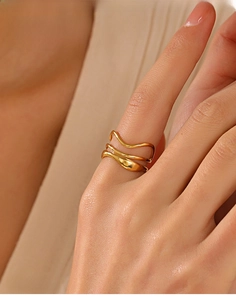 Detail of 18K gold plated stainless steel triple wave ring worn on finger