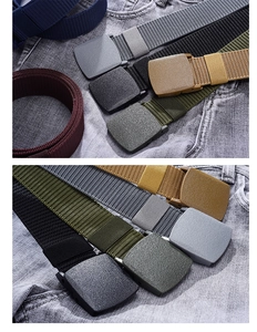 Flat lay of tactical nylon belts in navy, gray, black, army green, and khaki with plastic buckles
