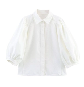 Détail d'une chemise blanche boutonnée avec manches bouffantes et col polo classique