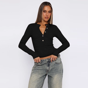 Women's black rib-knit long sleeve Henley top with white buttons and slim fit design