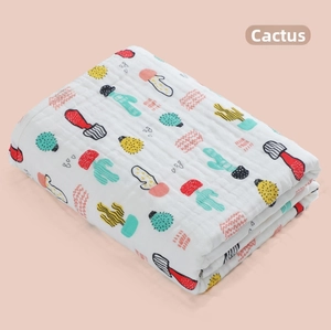 Close-up of 6-layer high-density cotton gauze baby blanket with cactus pattern print