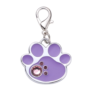 Purple paw print pet ID tag with sparkling rhinestones and a durable lobster clasp