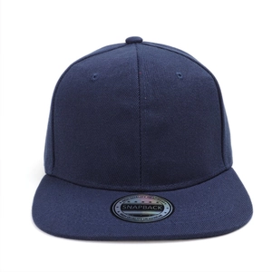 Detailed front view of navy blue cotton snapback hat with flat brim and silver label