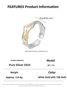 Close-up of 925 sterling silver ring with lava texture and 18K gold plated details