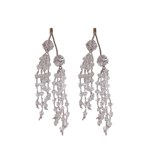Elegant silver tassel earrings with clear crystal accents on a clean white background