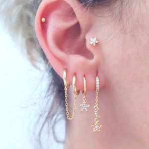 Gold star and moon chain drop earrings set with sparkling zircon for women