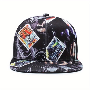 Black snapback hat with gothic skull and playing cards print on a structured crown