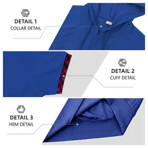 Men's blue waffle knit hooded short sleeve tracksuit set with plaid sleeve trim details