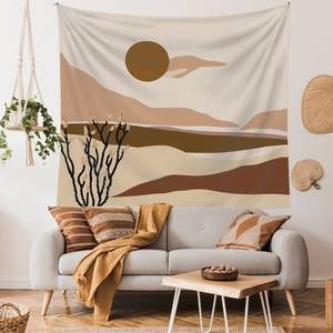 Bohemian abstract mountain sunset wall tapestry in warm earth tones for home decor