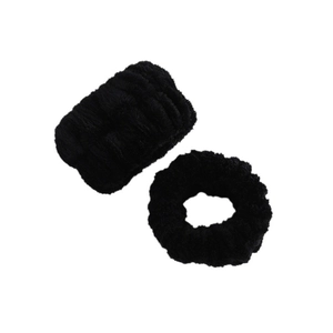 Detail of soft black plush headband and scrunchie set for face washing and yoga