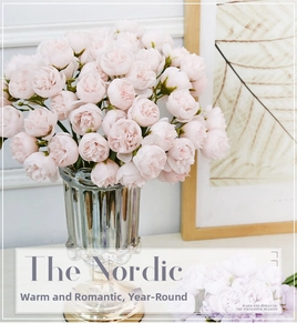 Pink artificial tea rose bouquet in a textured glass vase with gold base for home decor