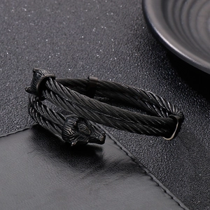 Double headed black wolf stainless steel cable wire open bangle for men's jewelry