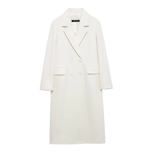 Elegant ivory double-breasted long wool coat with classic lapels and structured fit